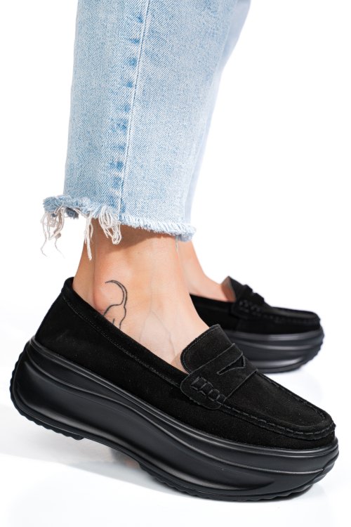 Mocasini negri piele naturala intoarsa fsp002295