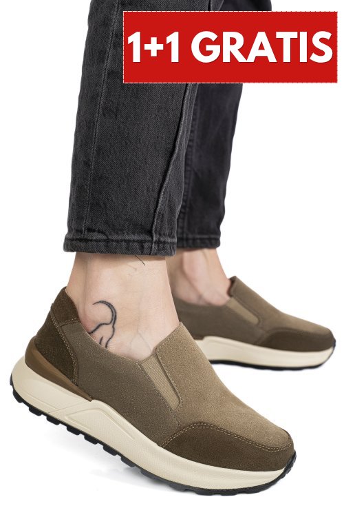 Pantofi sport khaki piele naturala intoarsa aspn379